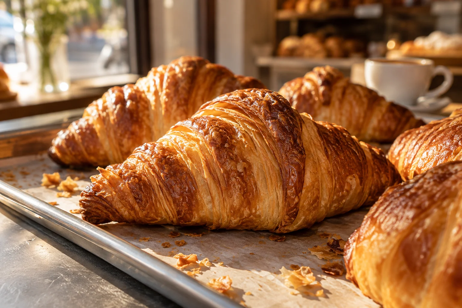 Golden croissants in the morning sunlight at a bakery